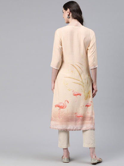 Straight Style Rayon Fabric Peach  Color Kurti