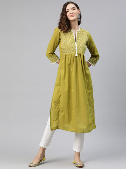 Anarkali Style Cotton Fabric Green Color Kurti