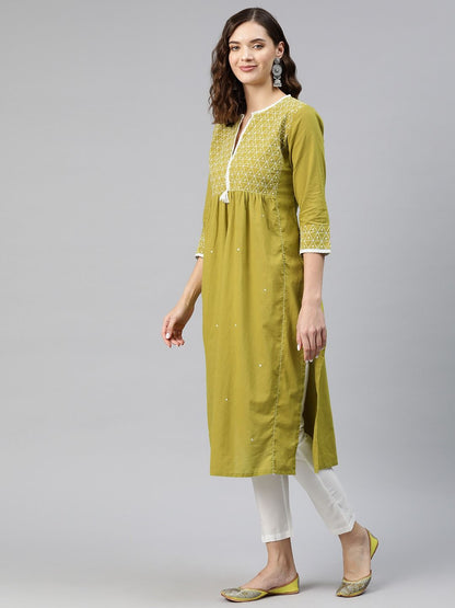 Anarkali Style Cotton Fabric Green Color Kurti