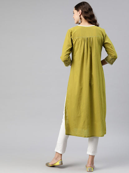 Anarkali Style Cotton Fabric Green Color Kurti