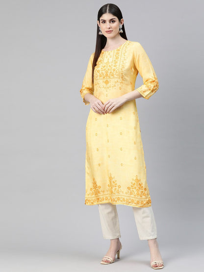 Straight Style Rayon Fabric Yellow Color Kurti
