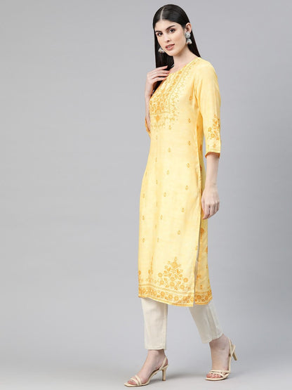 Straight Style Rayon Fabric Yellow Color Kurti