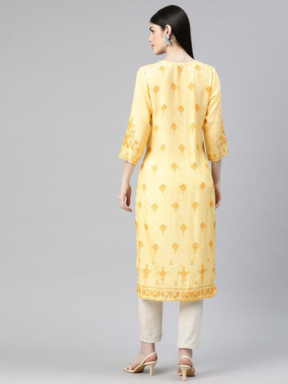 Straight Style Rayon Fabric Yellow Color Kurti