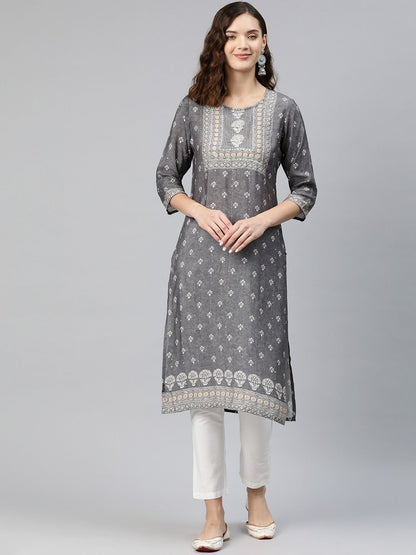 Straight Style Rayon Fabric Grey Color Kurti