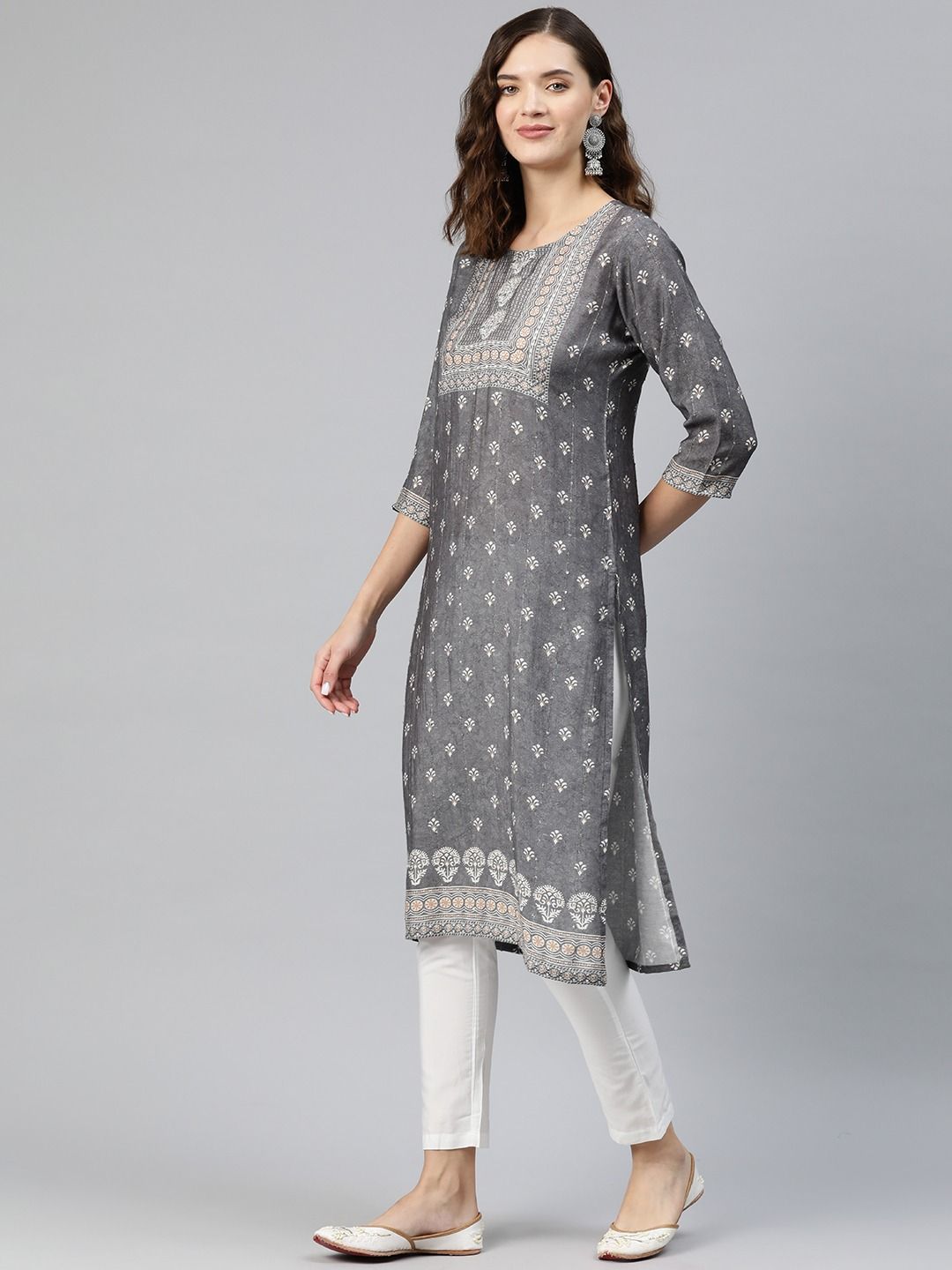 Silk grey and blue print kurti with superb embroidery detailing. | Silk  kurti designs, Clothes design, Kurta designs women