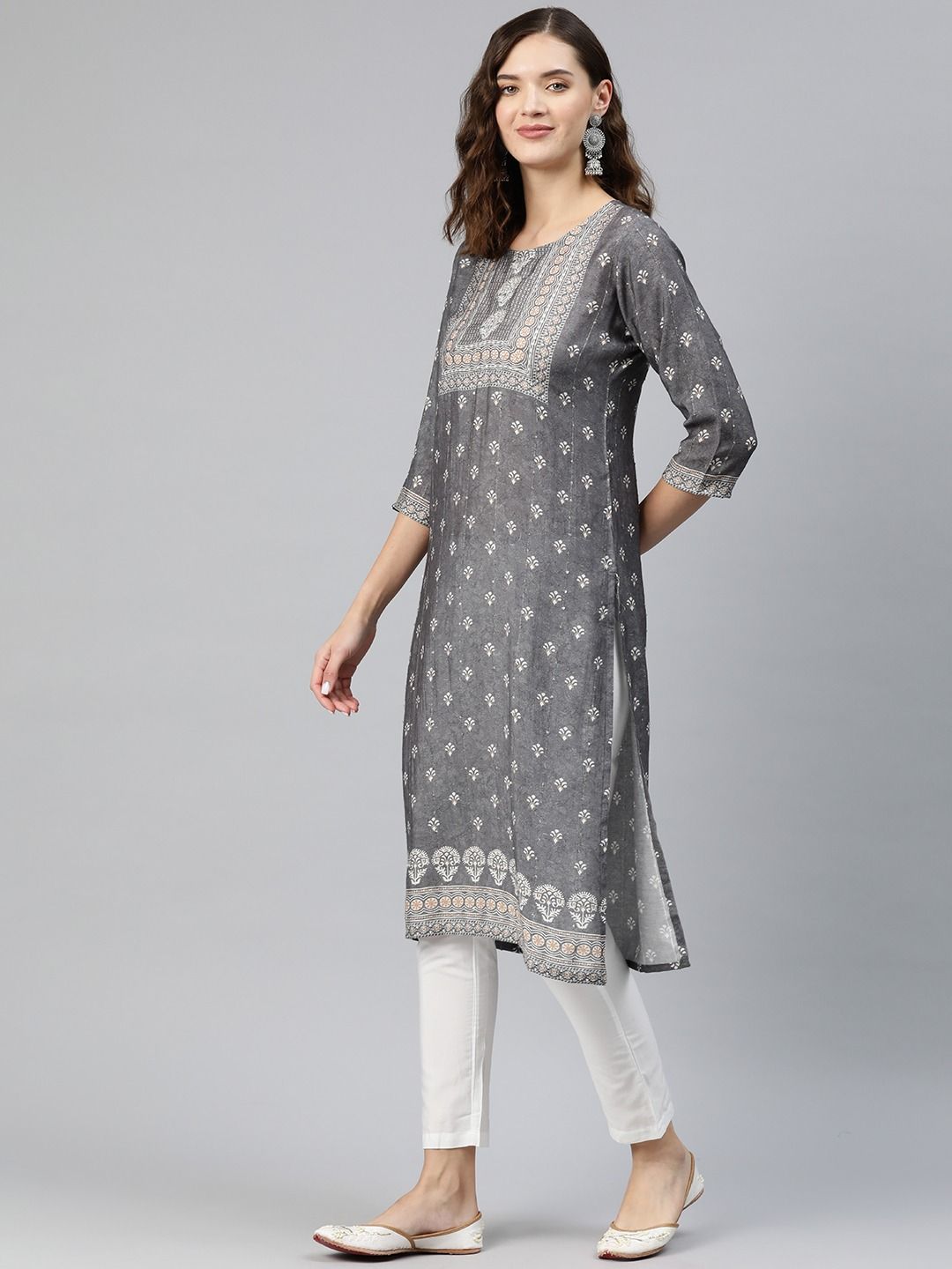 Straight Style Rayon Fabric Grey Color Kurti