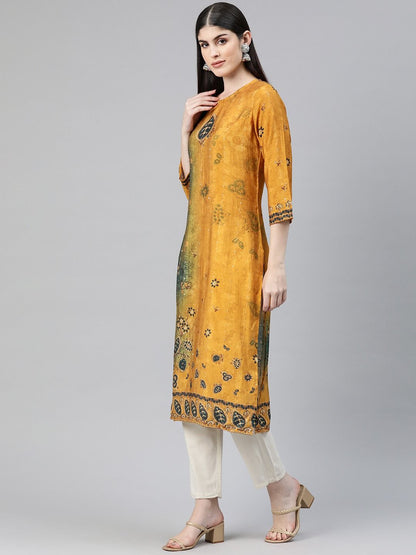 Straight Style Rayon Fabric Mustard Color Kurti