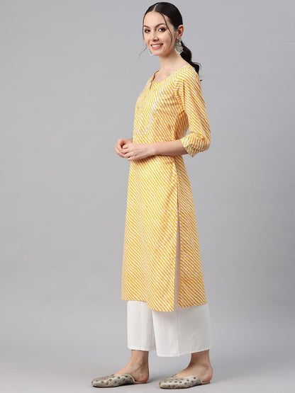 Straight Style Cotton Fabric Yellow Color Kurti