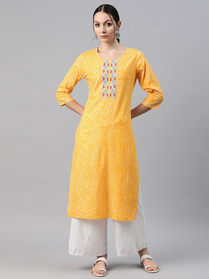 Straight Style Cotton Fabric Yellow Color Kurti
