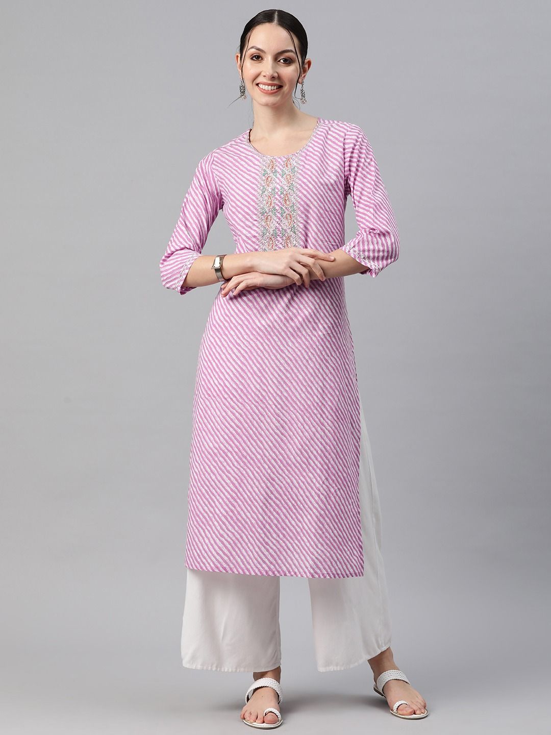 Straight Style Cotton Fabric Purple Color Kurti
