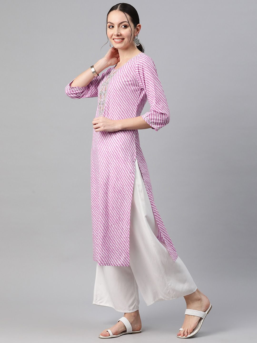 Straight Style Cotton Fabric Purple Color Kurti