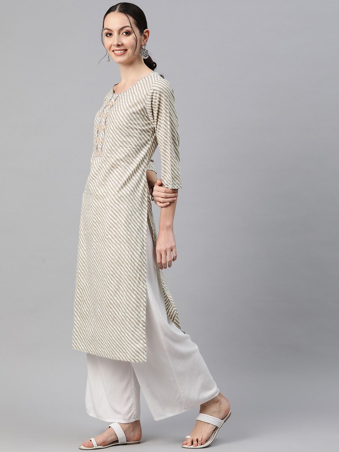 Straight Style Cotton Fabric Beige Color Kurti