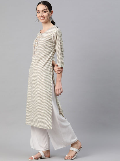 Straight Style Cotton Fabric Beige Color Kurti