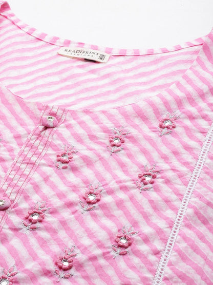 Anarkali Style Cotton Fabric Pink Color Kurti