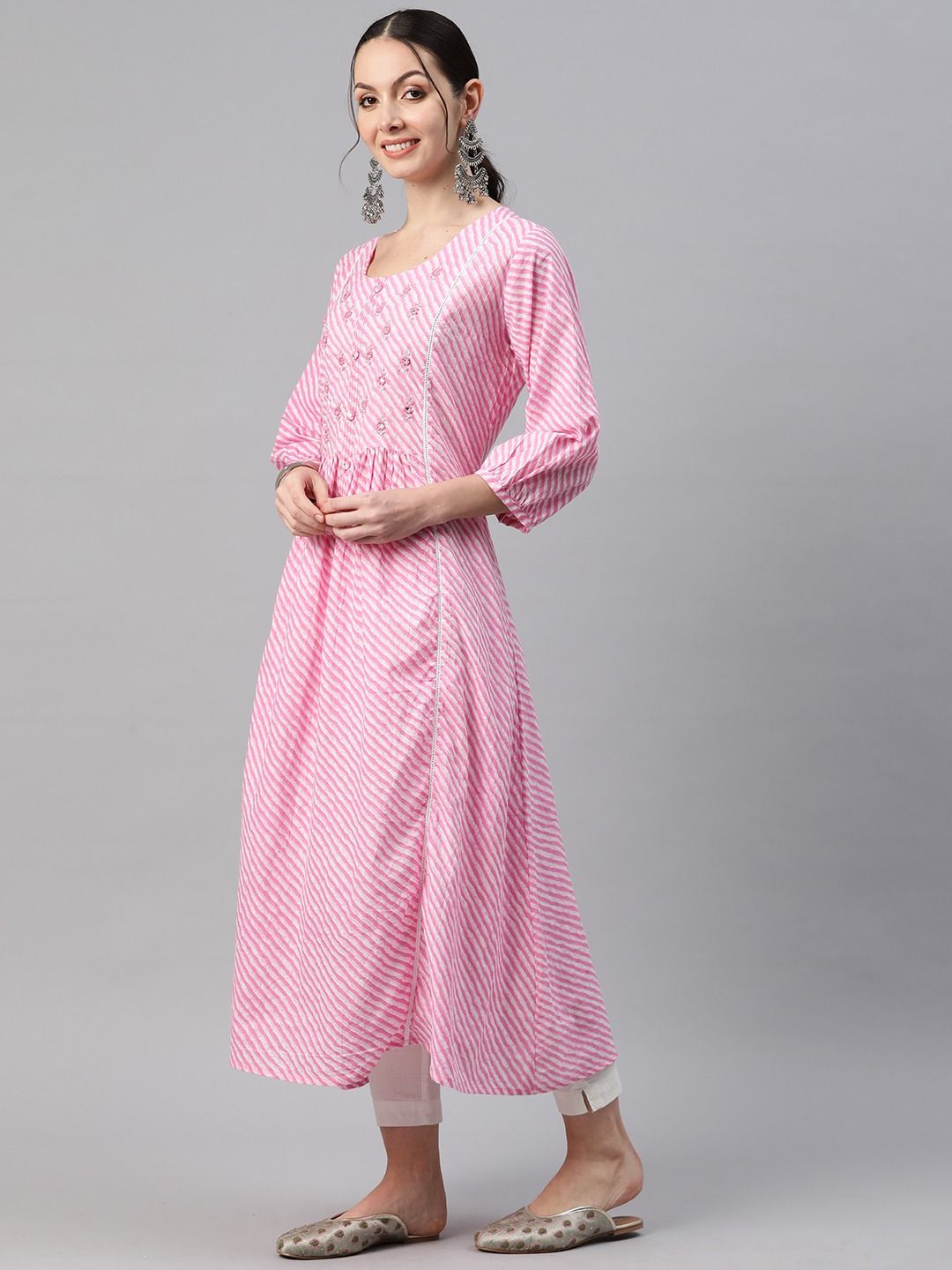 Anarkali Style Cotton Fabric Pink Color Kurti
