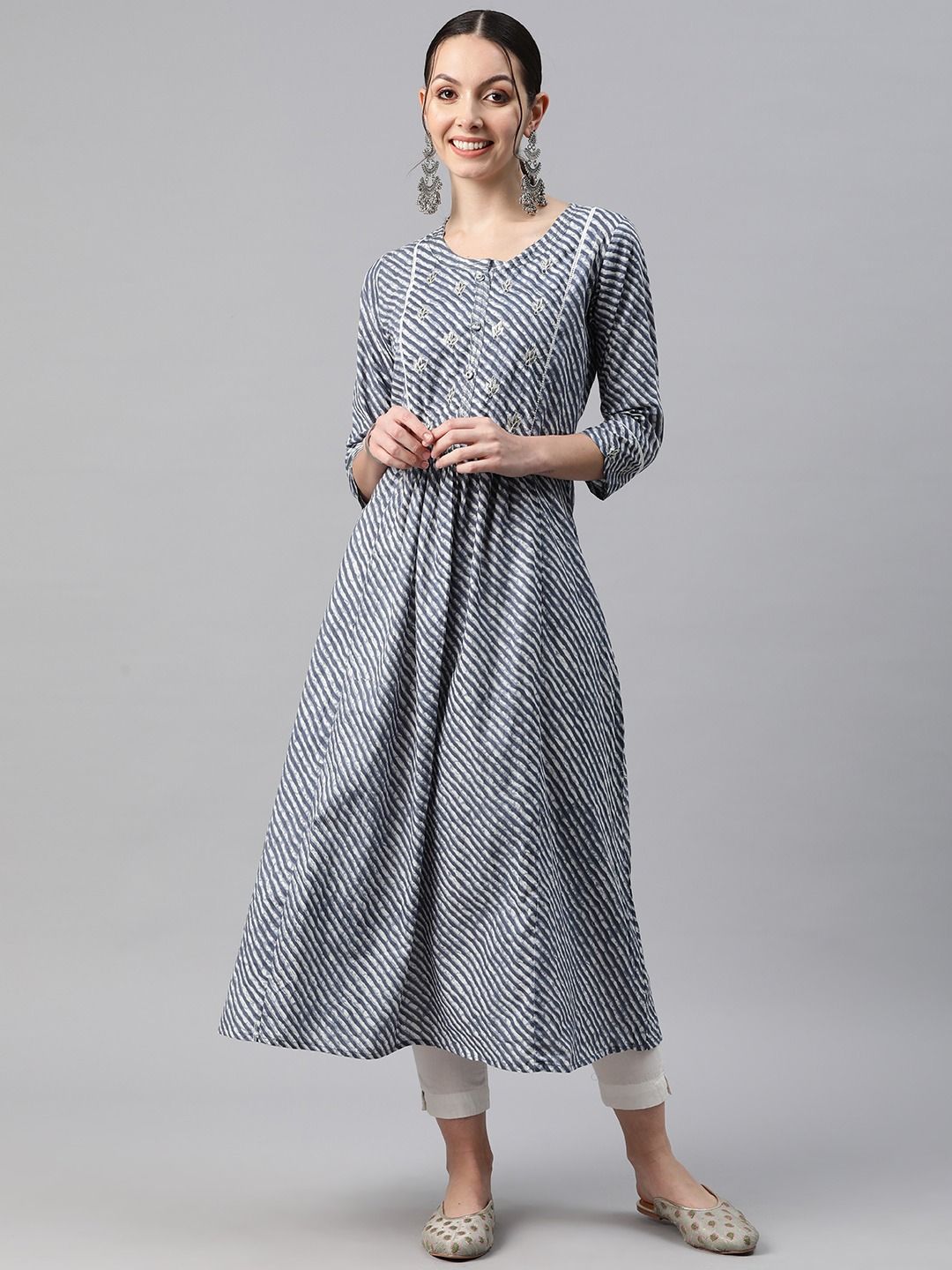 Anarkali Style Cotton Fabric Navy Blue Color Kurti