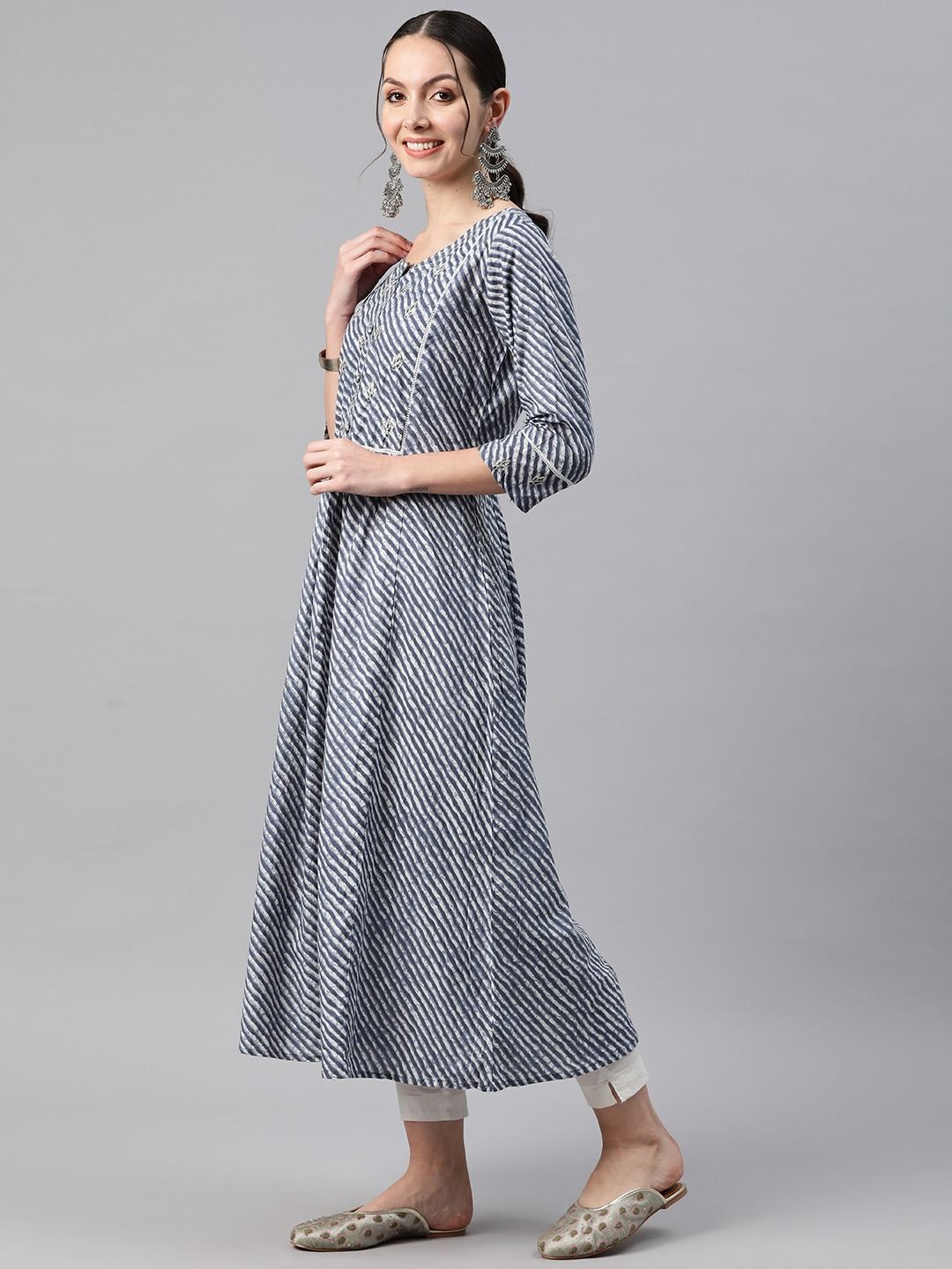 Anarkali Style Cotton Fabric Navy Blue Color Kurti