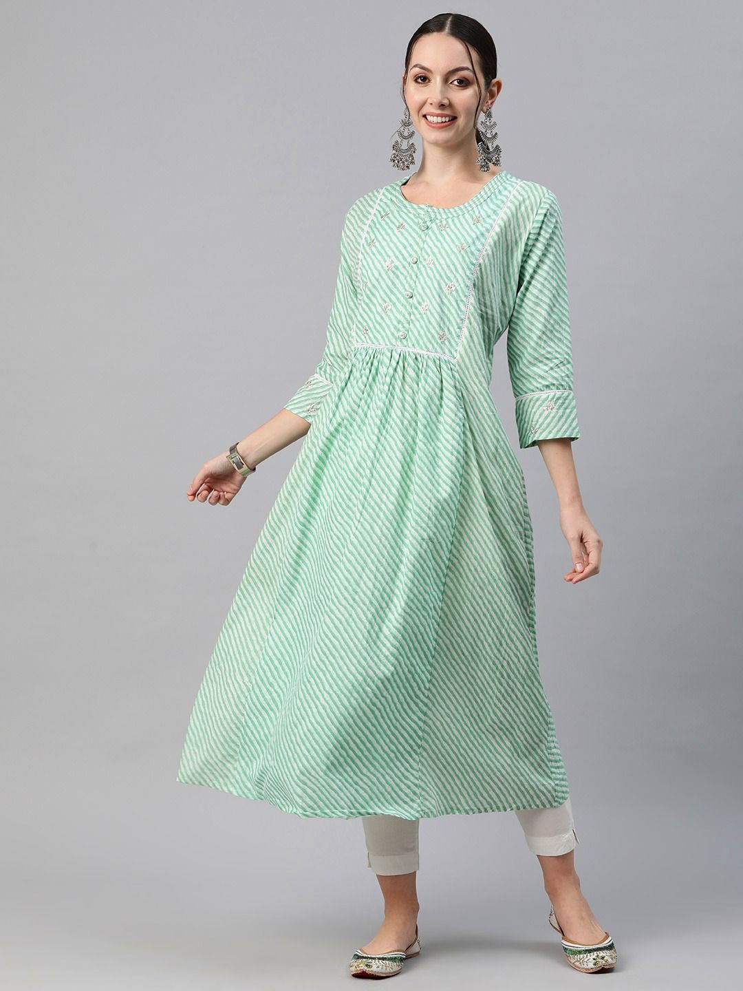 Anarkali Style Cotton Fabric Green Color Kurti