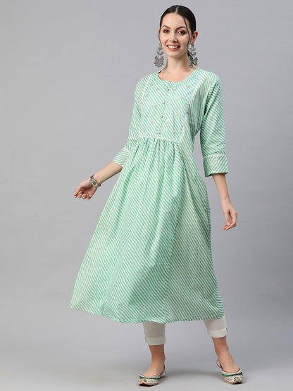 Anarkali Style Cotton Fabric Green Color Kurti