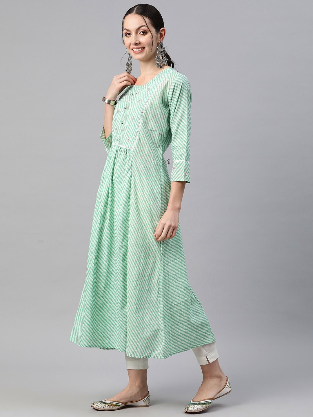 Anarkali Style Cotton Fabric Green Color Kurti