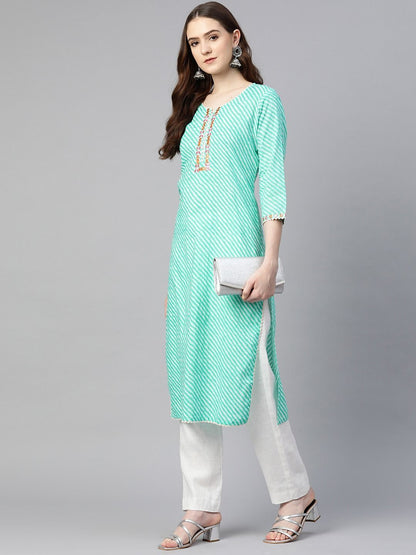 Straight Style Cotton Fabric Green Color Kurta