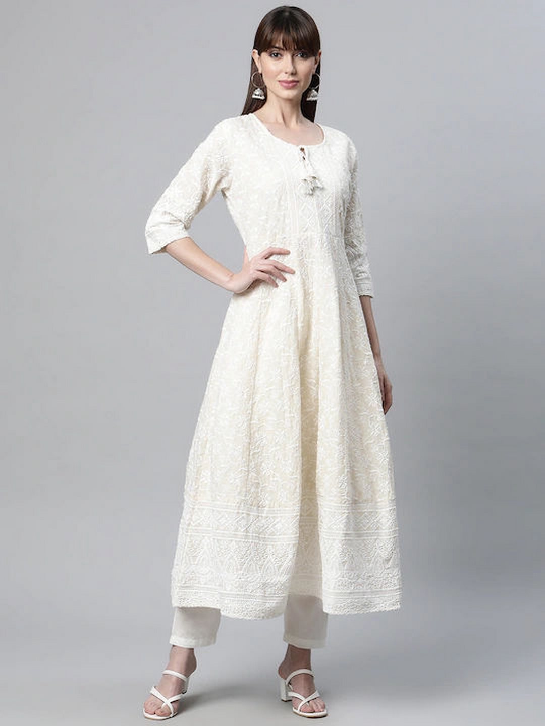 Anarkali Style Cotton Fabric Off White Color Kurta