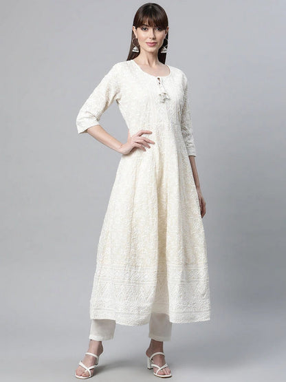 Anarkali Style Cotton Fabric Off White Color Kurta
