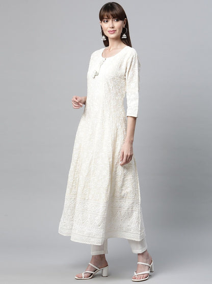 Anarkali Style Cotton Fabric Off White Color Kurta
