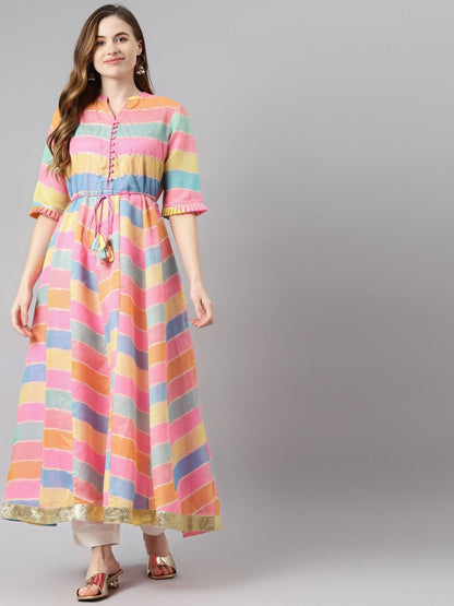 Jute Silk Fabric Multicolor Anarkali Style Lehariya Printed Kurta