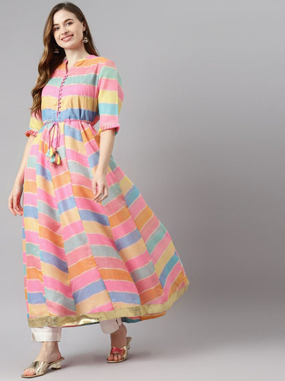 Jute Silk Fabric Multicolor Anarkali Style Lehariya Printed Kurta