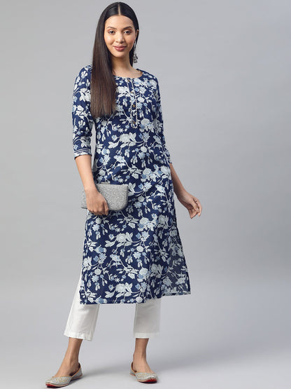 Straight Style Cotton Fabric Navy Blue Color Printed Kurti