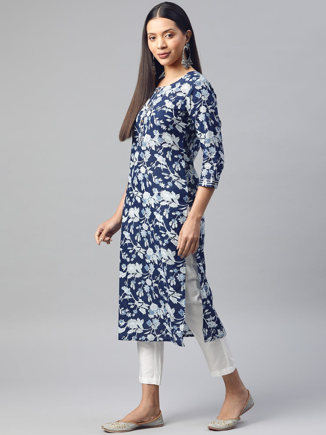 Straight Style Cotton Fabric Navy Blue Color Printed Kurti