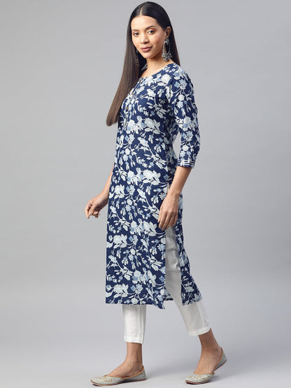 Straight Style Cotton Fabric Navy Blue Color Printed Kurti