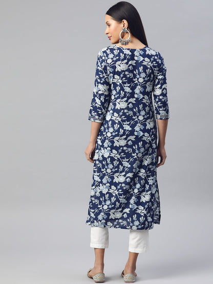 Straight Style Cotton Fabric Navy Blue Color Printed Kurti