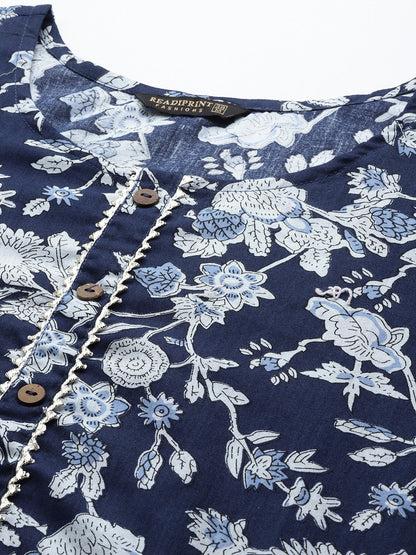 Straight Style Cotton Fabric Navy Blue Color Printed Kurti