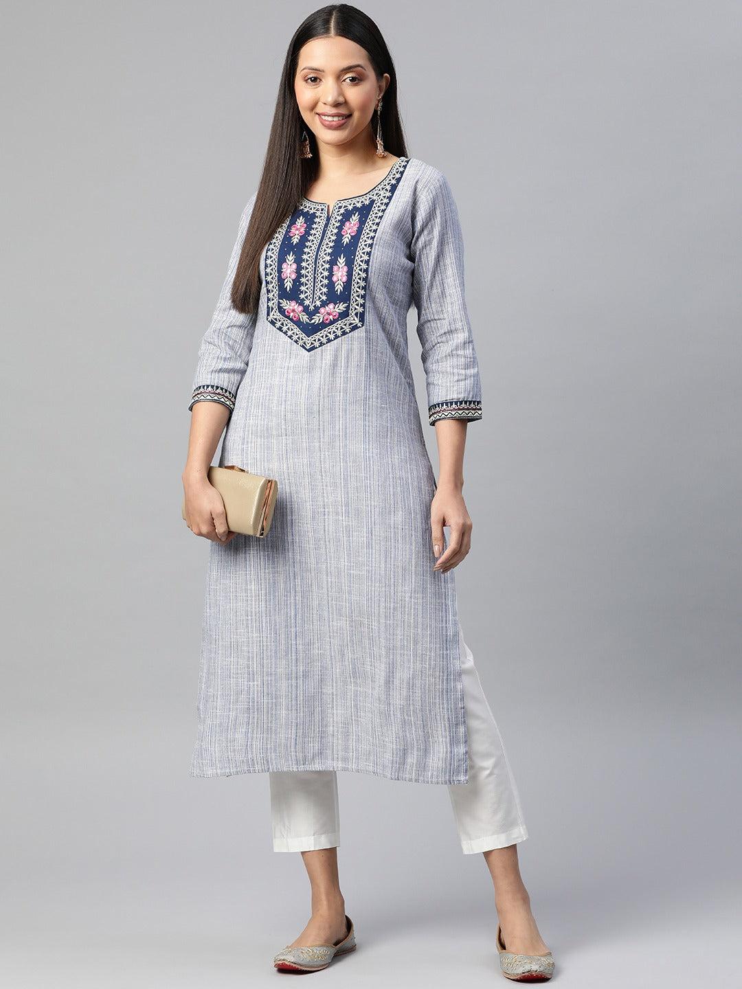Straight Style Cotton Fabric  Blue Color Kurti