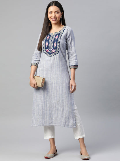 Straight Style Cotton Fabric  Blue Color Kurti