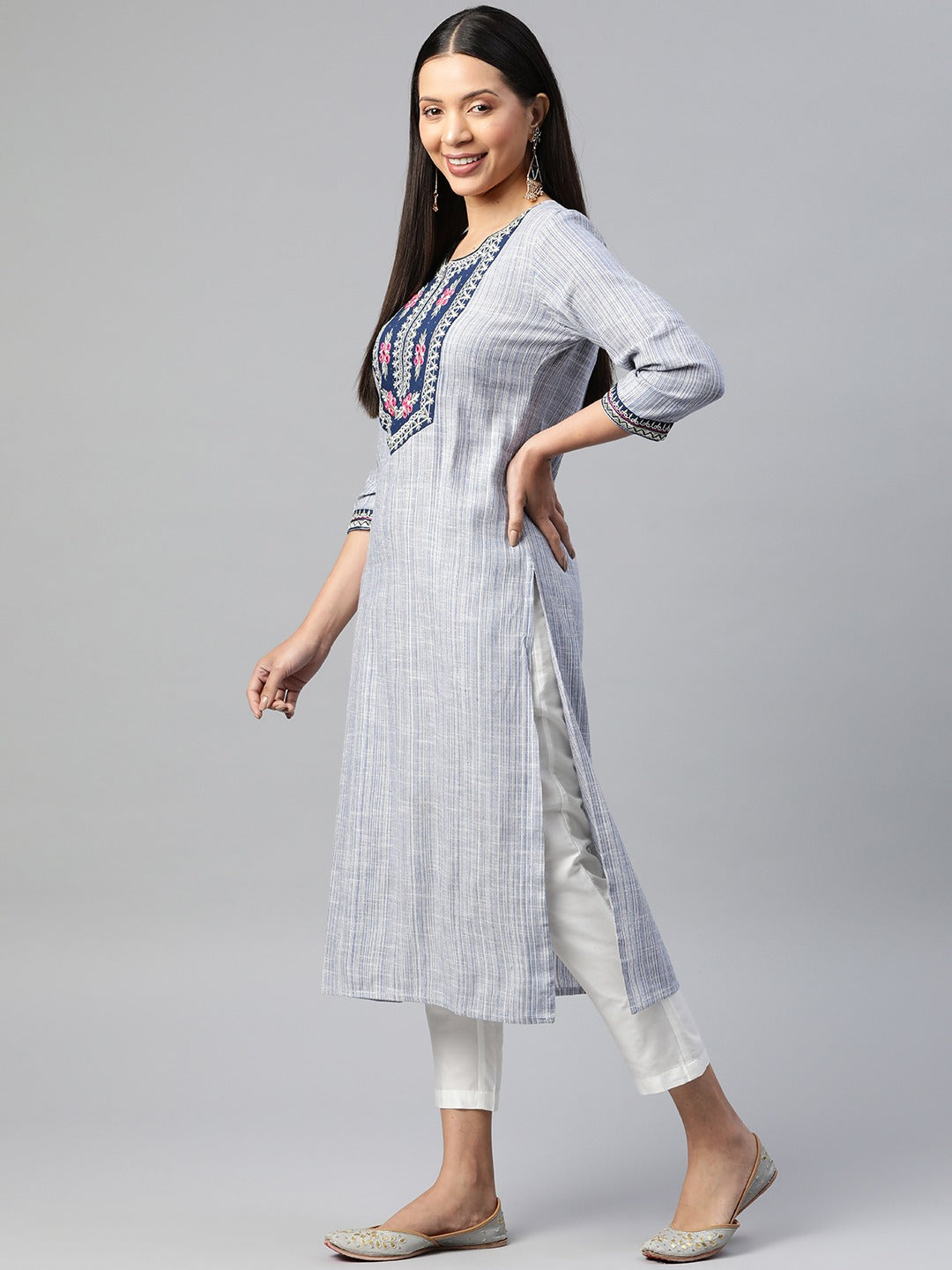Straight Style Cotton Fabric  Blue Color Kurti