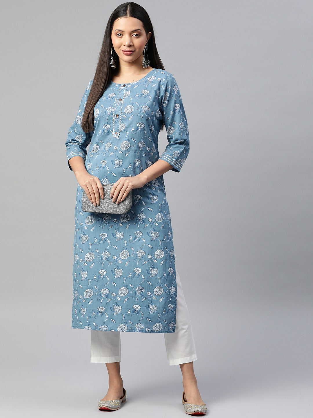 Straight Style Cotton Fabric  Blue Color Printed Kurti
