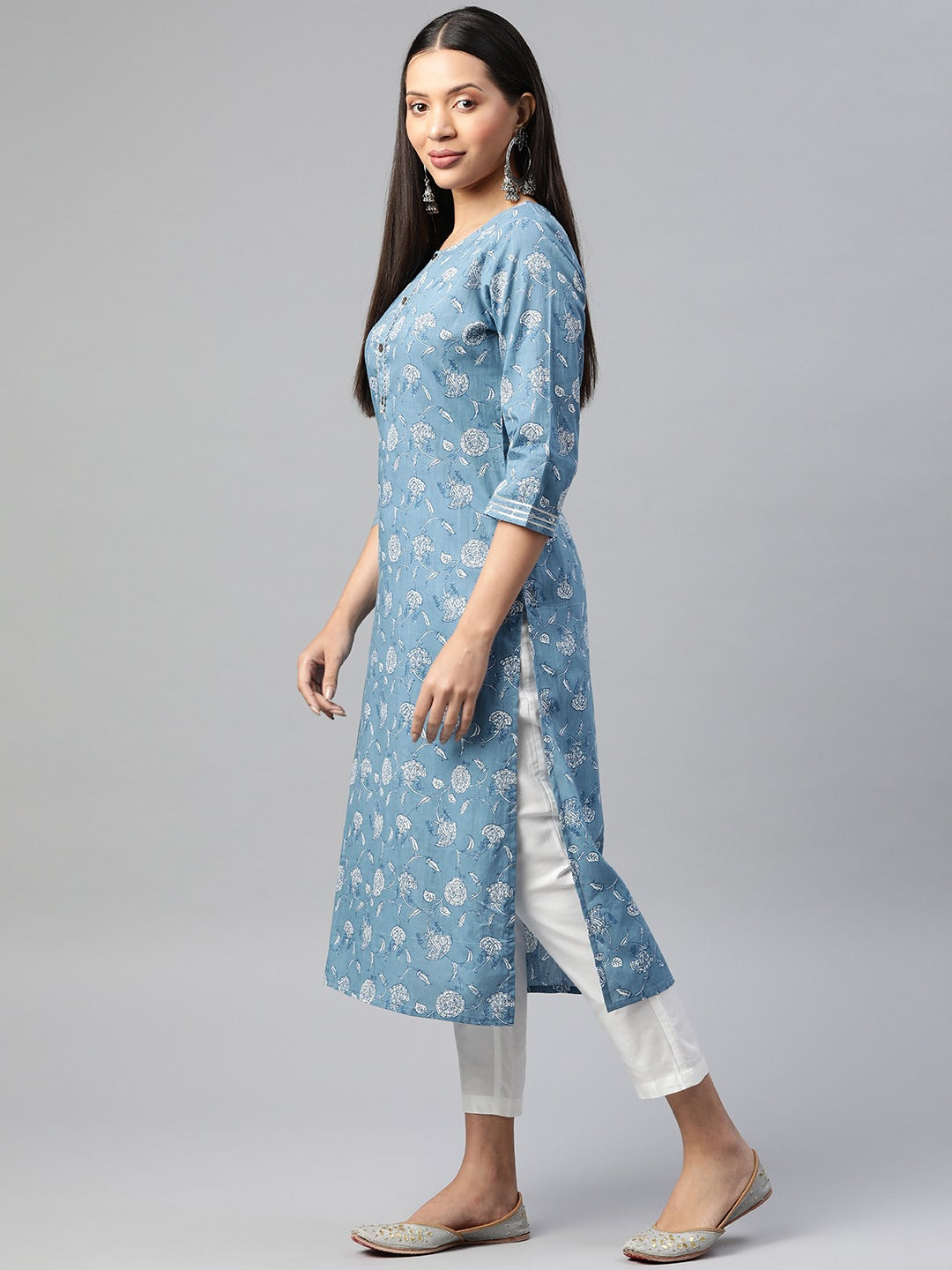 Straight Style Cotton Fabric  Blue Color Printed Kurti