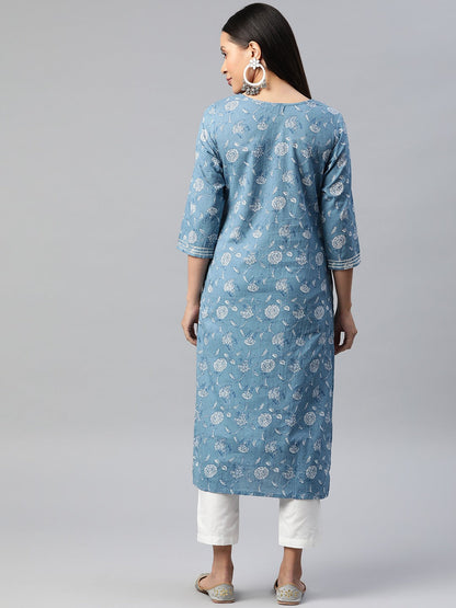 Straight Style Cotton Fabric  Blue Color Printed Kurti