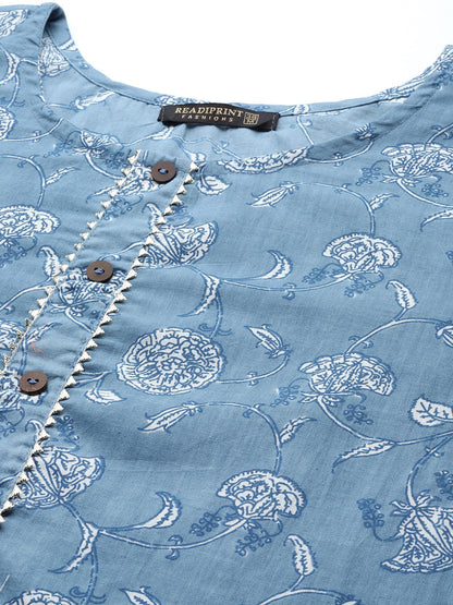 Straight Style Cotton Fabric  Blue Color Printed Kurti
