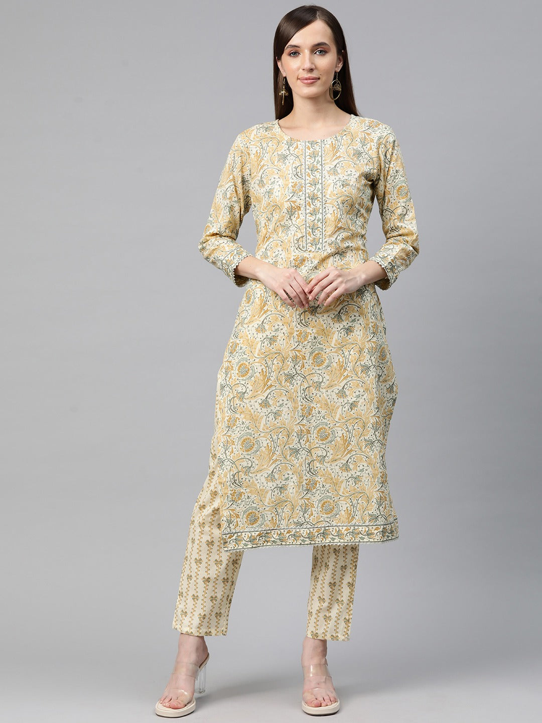 Straight Style Cotton Fabric Cream Color Kurta With Bottom