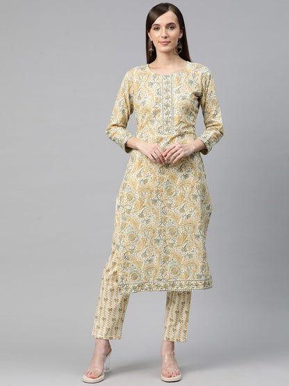 Straight Style Cotton Fabric Cream Color Kurta With Bottom