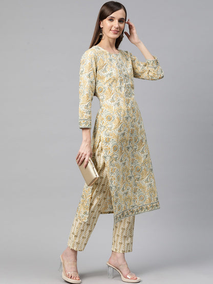 Straight Style Cotton Fabric Cream Color Kurta With Bottom