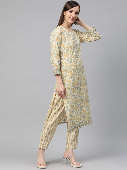 Straight Style Cotton Fabric Cream Color Kurta With Bottom