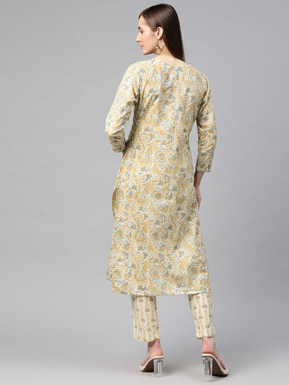Straight Style Cotton Fabric Cream Color Kurta With Bottom