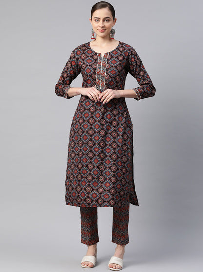 Straight Style Cotton Fabric Black Color Kurta With Bottom