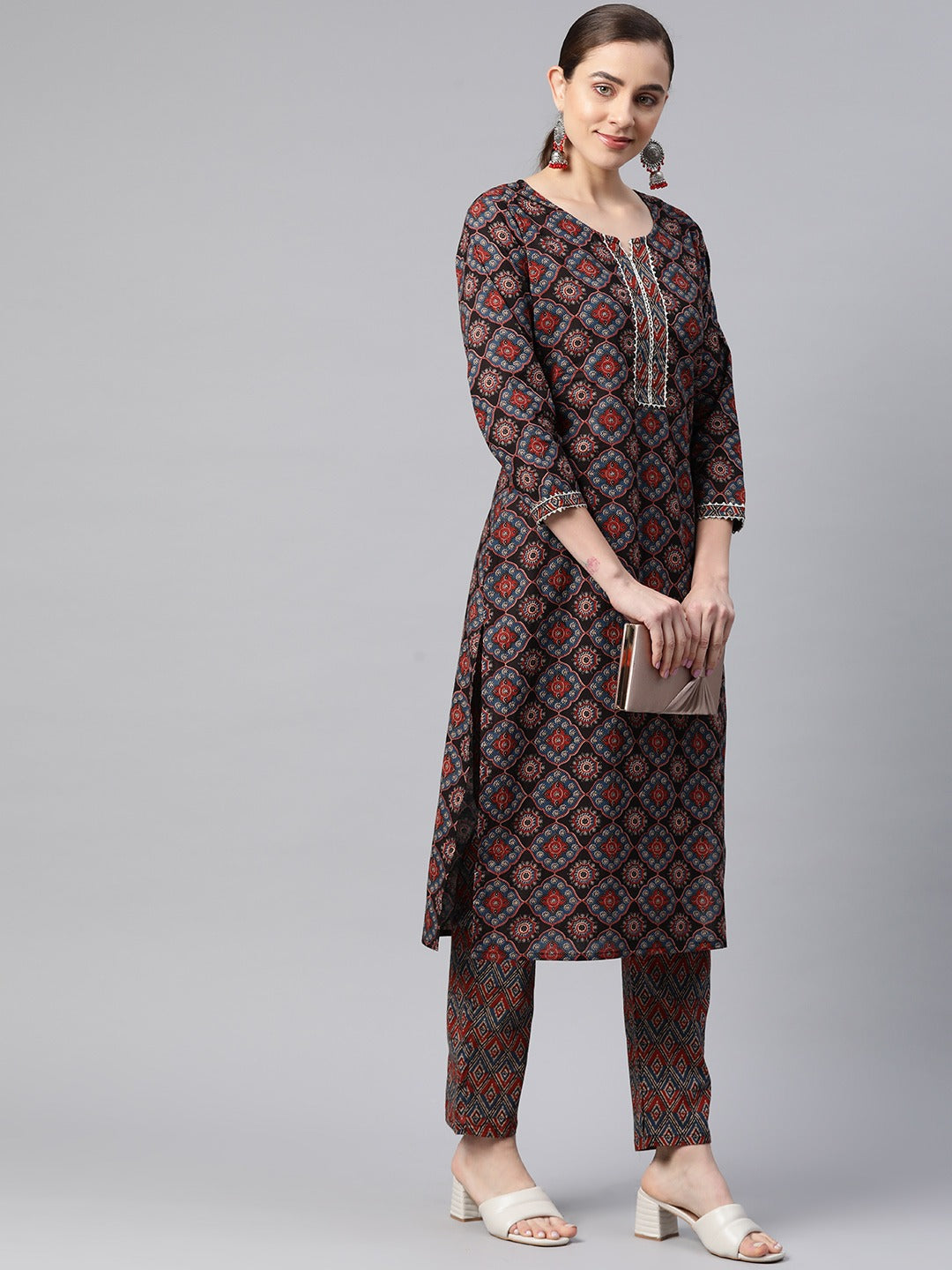 Straight Style Cotton Fabric Black Color Kurta With Bottom