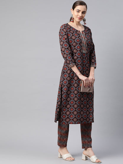 Straight Style Cotton Fabric Black Color Kurta With Bottom